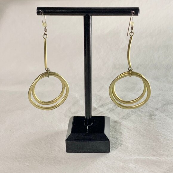 Handmade Modernist Brass Double Ring Bar Drop Dangle Earrings - Picture 1 of 5